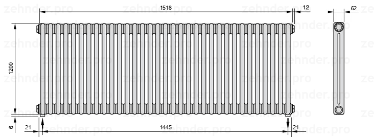 Схема (чертеж) Радиатор Zehnder Charleston 2120/33 №3570 Белый глянцевый RAL 9016